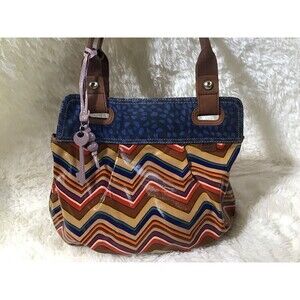 FOSSIL KEYPER MULTI COLOR STRIPES COATED CANVAS Shoulder Bag Charm Pockets